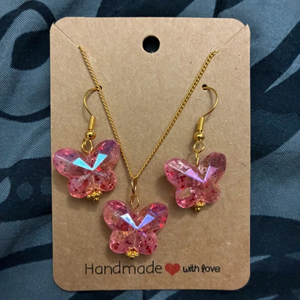 Charming Pink Butterfly Earrings and Necklace Set